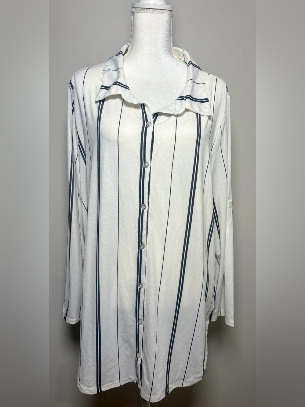 LuLaRoe White Shirt with Navy Vertical Stripes - Casual Button-Down